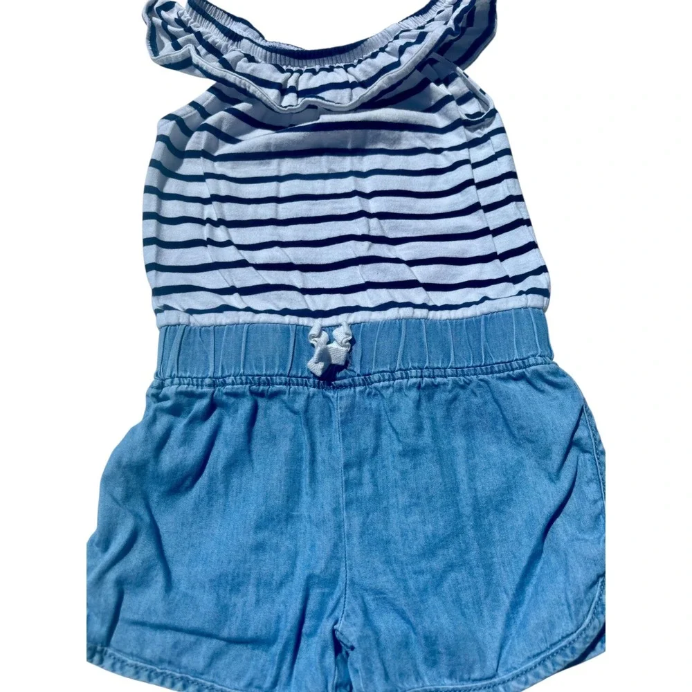 OshKosh B'gosh Romper Toddler 2T Blue White Excellent Striped Ruffle Chambray‎